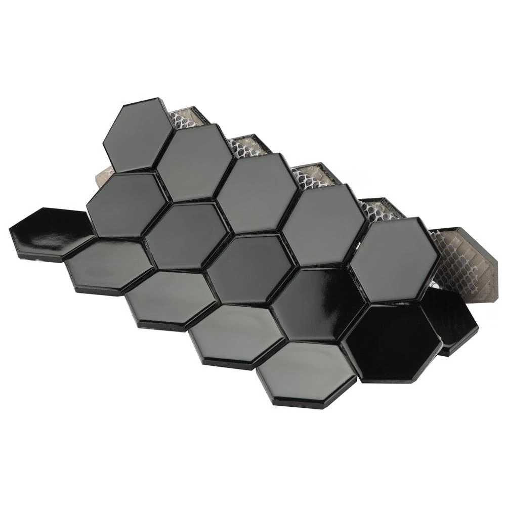 Merola Tile Metro Hex 2 In. Glossy Black 11-1/8"x12-5/8" X 7 Mm Porcelain Mosaic Tile (9.64 Sq. Ft. / Case) 10 Merola Tile Metro Hex 2 In. Glossy Black 11-1/8"x12-5/8" X 7 Mm Porcelain Mosaic Tile (9.64 Sq. Ft. / Case) - Image 10