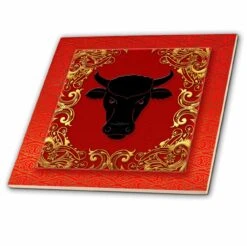 3dRose Chinese Zodiac Year Of The Ox Chinese New Year Red, Gold And Black - Ceramic Tile, 8-inch