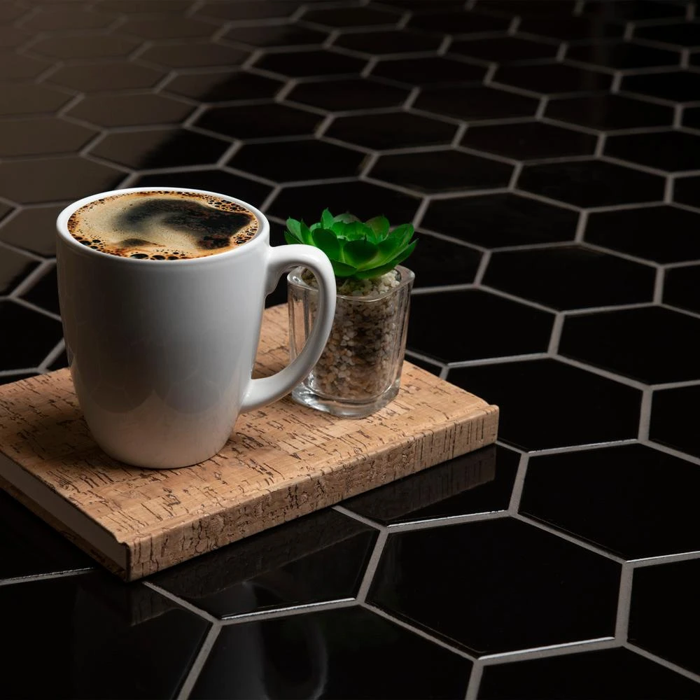 Merola Tile Metro Hex 2 In. Glossy Black 11-1/8"x12-5/8" X 7 Mm Porcelain Mosaic Tile (9.64 Sq. Ft. / Case) 2 Merola Tile Metro Hex 2 In. Glossy Black 11-1/8"x12-5/8" X 7 Mm Porcelain Mosaic Tile (9.64 Sq. Ft. / Case) - Image 2