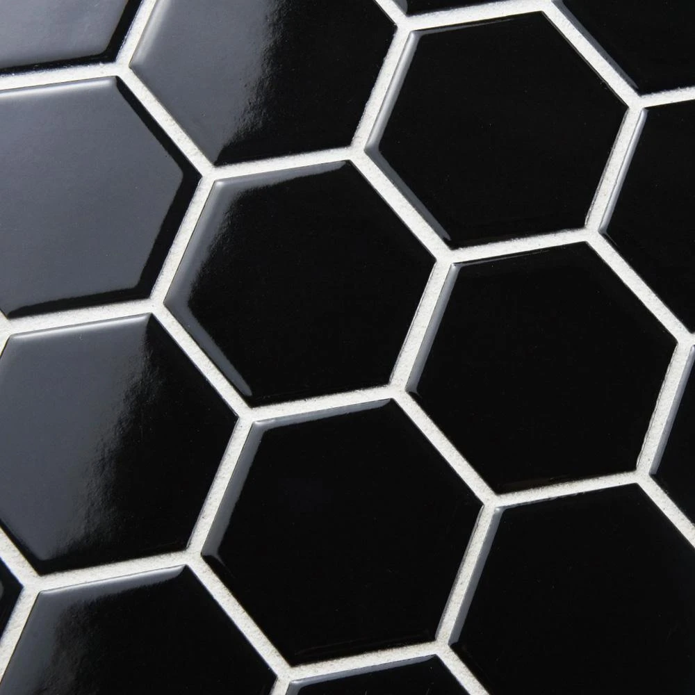 Merola Tile Metro Hex 2 In. Glossy Black 11-1/8"x12-5/8" X 7 Mm Porcelain Mosaic Tile (9.64 Sq. Ft. / Case) 4 Merola Tile Metro Hex 2 In. Glossy Black 11-1/8"x12-5/8" X 7 Mm Porcelain Mosaic Tile (9.64 Sq. Ft. / Case) - Image 4