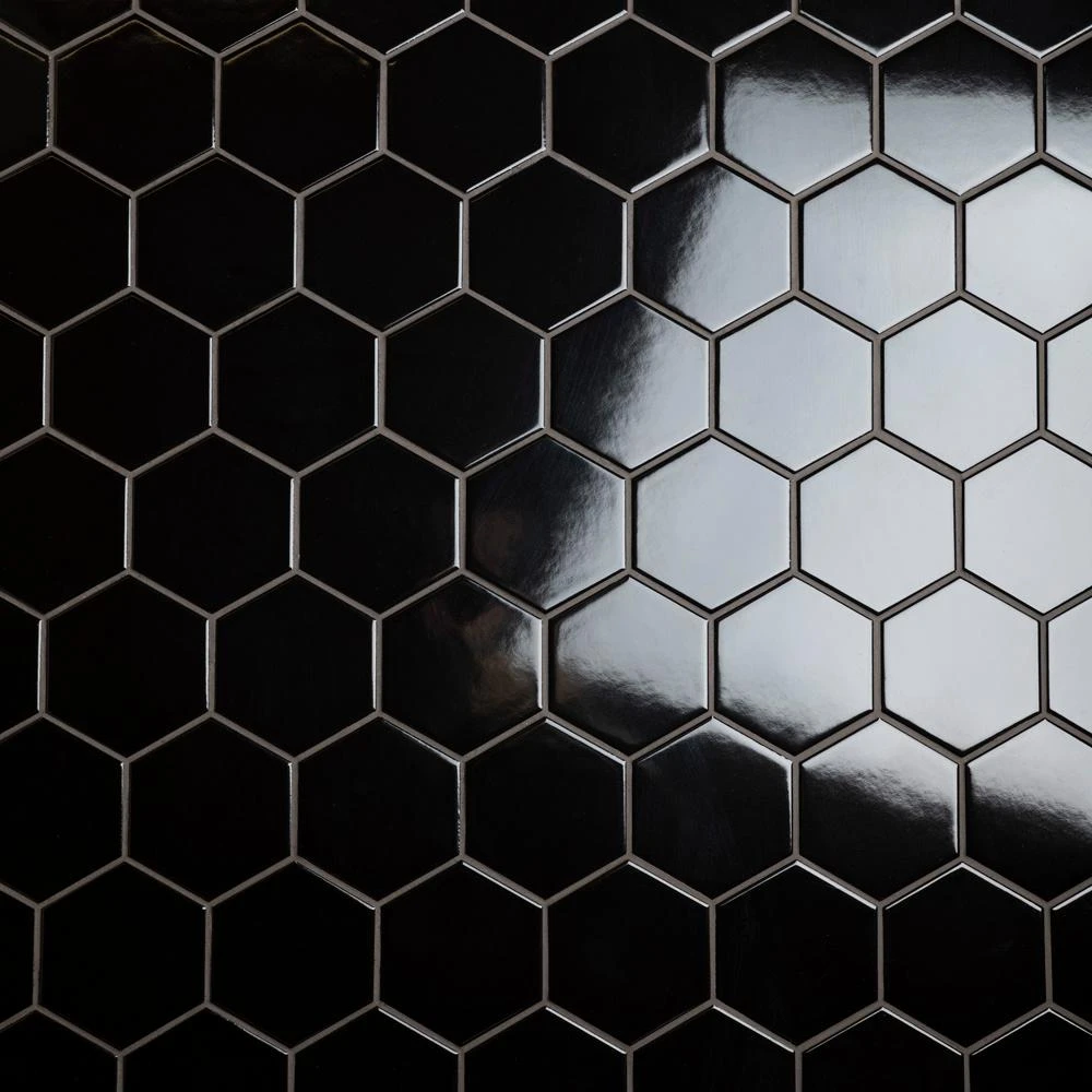 Merola Tile Metro Hex 2 In. Glossy Black 11-1/8"x12-5/8" X 7 Mm Porcelain Mosaic Tile (9.64 Sq. Ft. / Case) 8 Merola Tile Metro Hex 2 In. Glossy Black 11-1/8"x12-5/8" X 7 Mm Porcelain Mosaic Tile (9.64 Sq. Ft. / Case) - Image 8