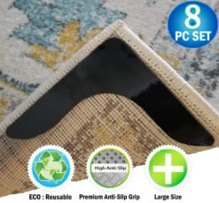 Reusable Corner Area Carpet Rug Grippers - V Shaped - Prevents Curling, Moving, Sliding, & Slipping - Anchors Carpet To Your Floor - 8pc Set